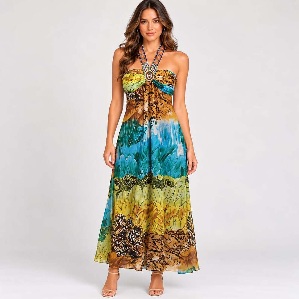 Single by Galina Sobolev 100% Silk Beaded Halter Maxi Dress Y2K Boho S